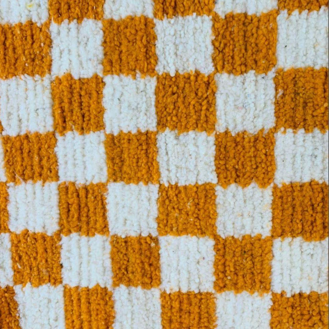 Moroccan Berber Handwoven Checker Wool Area Rug - Orange and White - MAIA HOMES