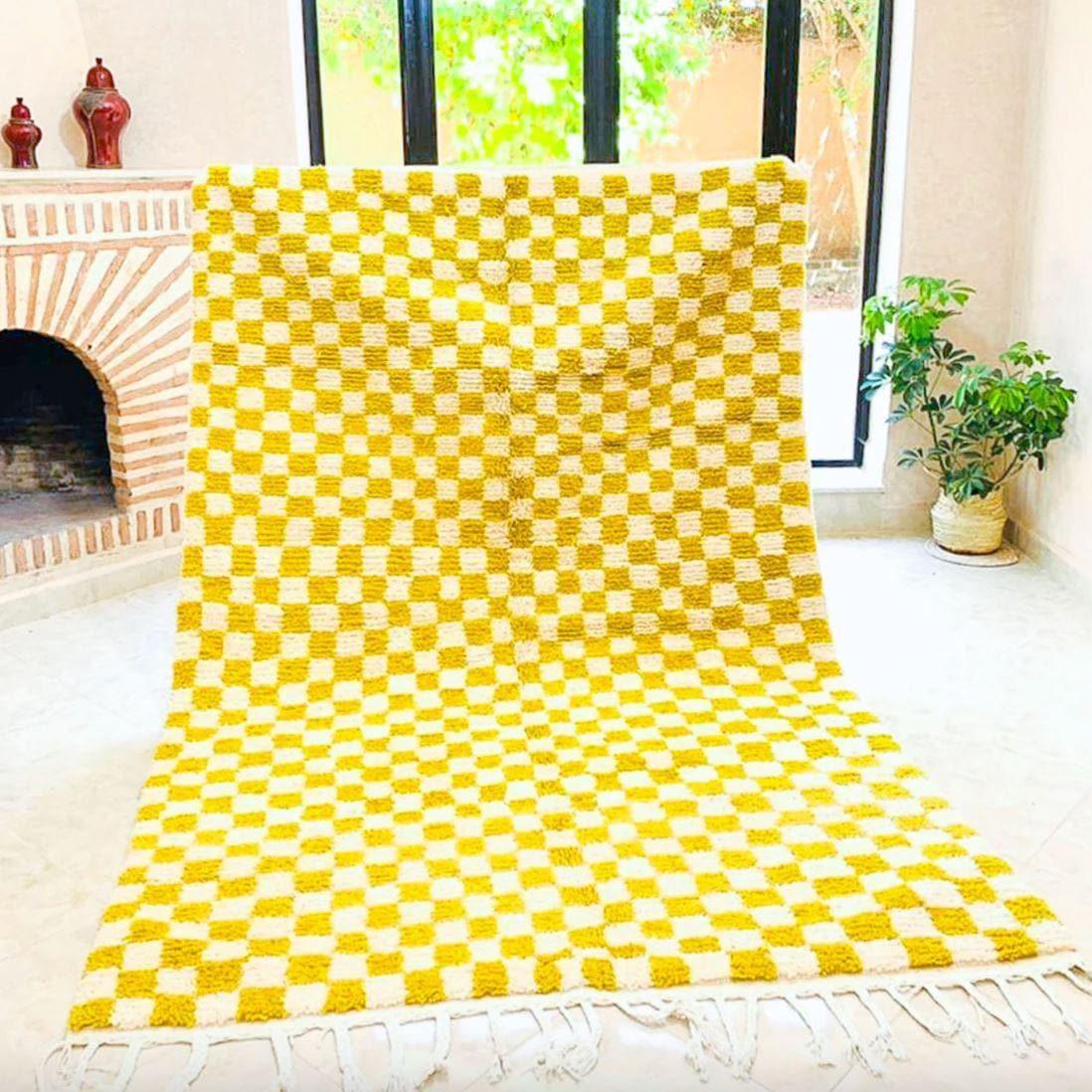 Moroccan Berber Handwoven Checker Wool Area Rug - Yellow and White