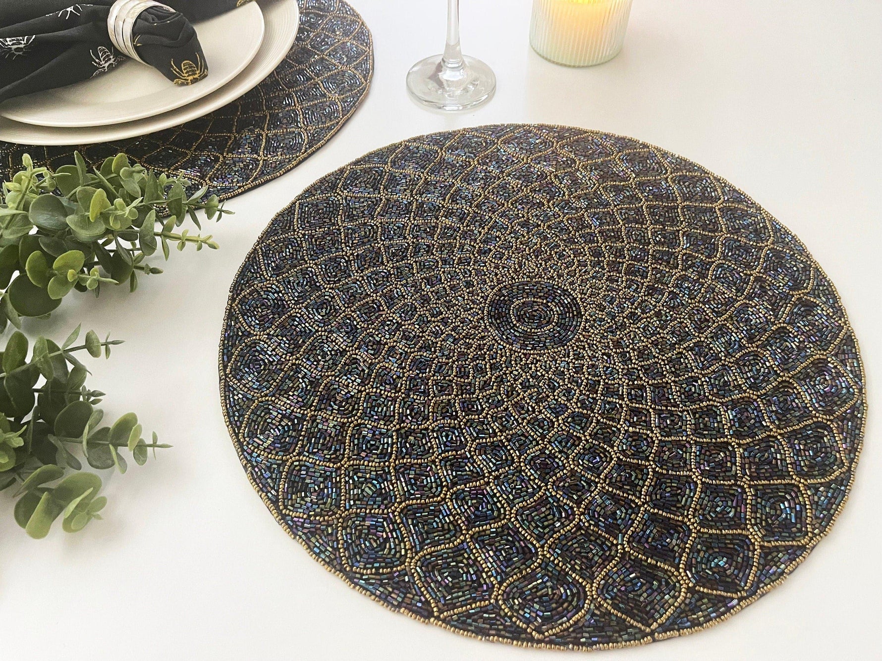 Moroccan Diamond Round Beaded Placemat - Blue