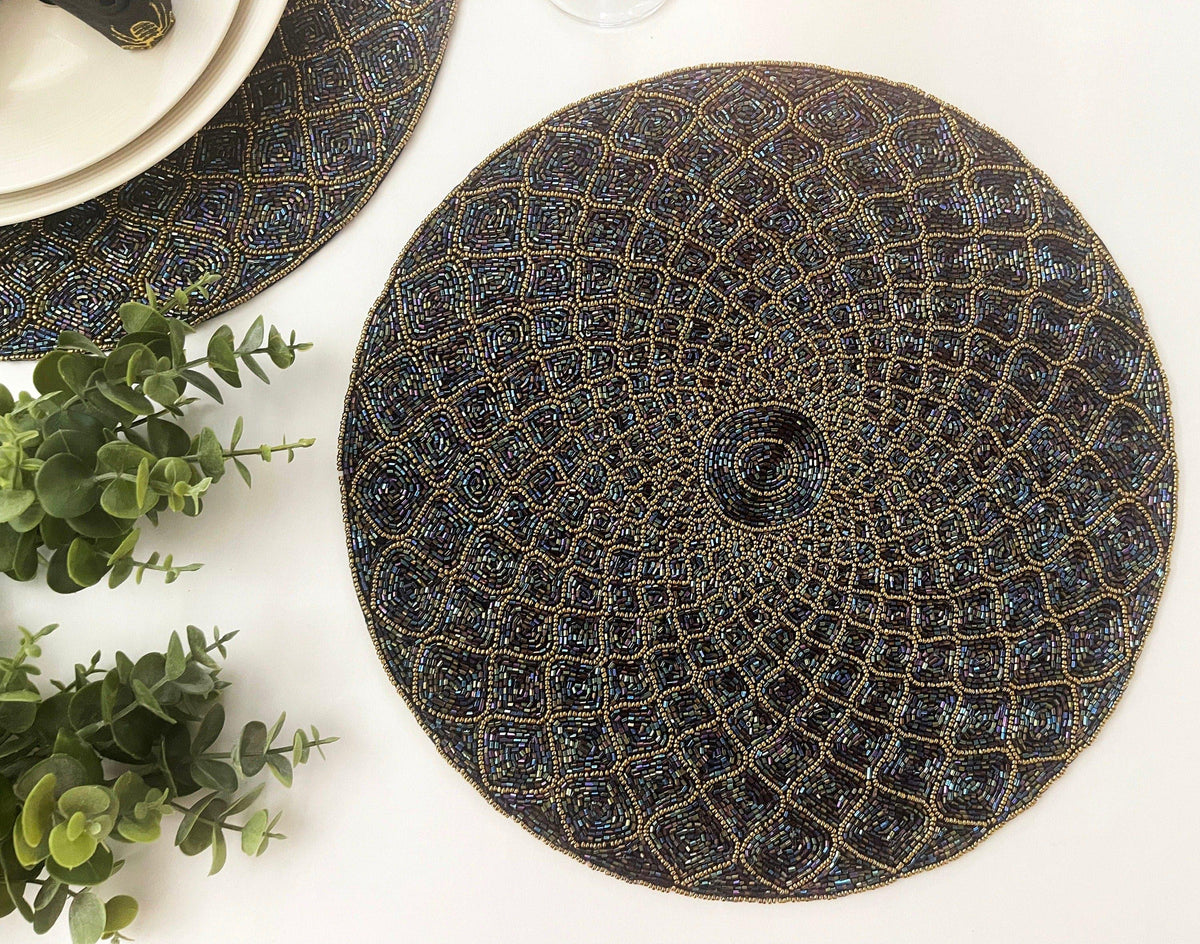 Moroccan Diamond Round Beaded Placemat - Blue Set of 6