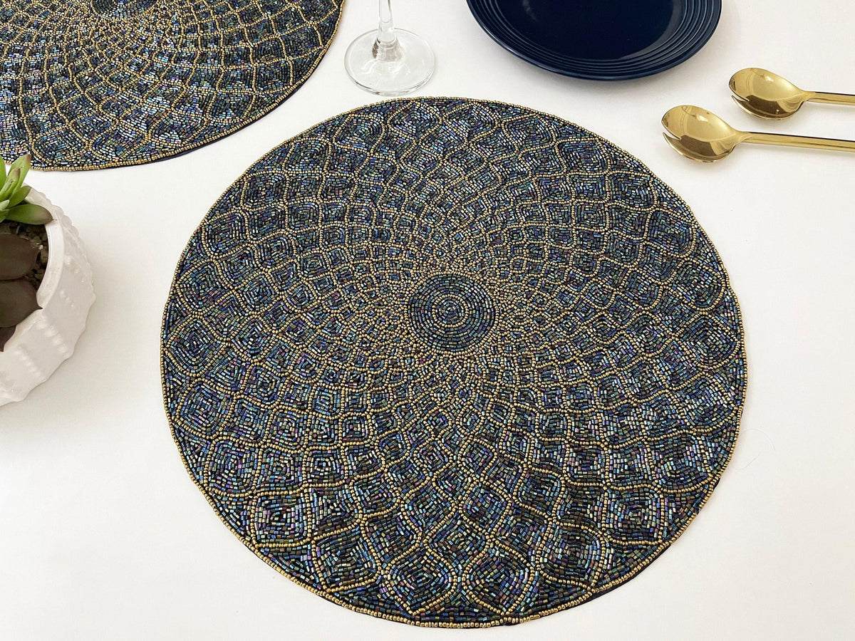 Moroccan Diamond Round Beaded Placemat - Blue