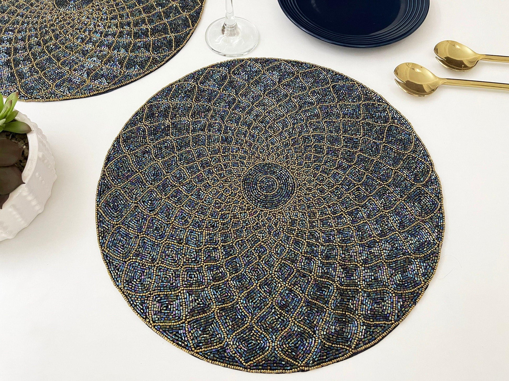Moroccan Diamond Round Beaded Placemat - Blue - MAIA HOMES