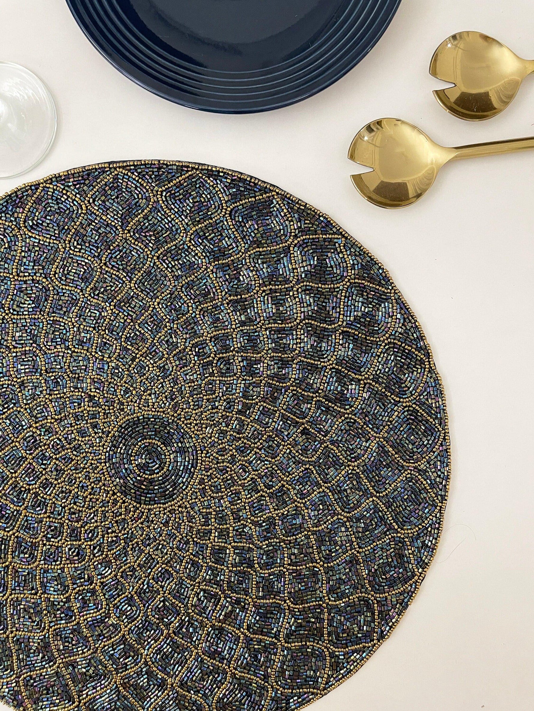 Moroccan Diamond Round Beaded Placemat - Blue