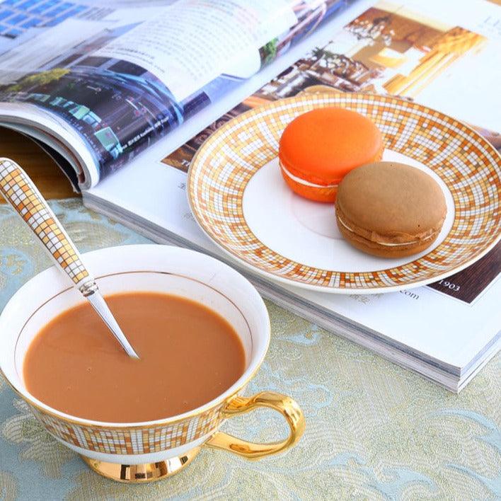 Mosaic Pattern Bone China Tea Cup with Saucer