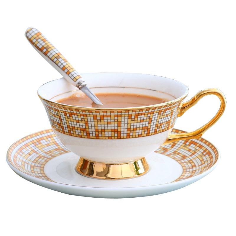 Mosaic Pattern Bone China Tea Cup with Saucer