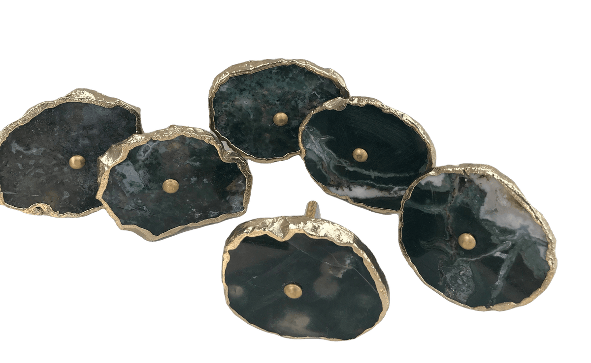 Moss Green Agate Cabinet Door Pull Handle - Set of 6 Rose Gold