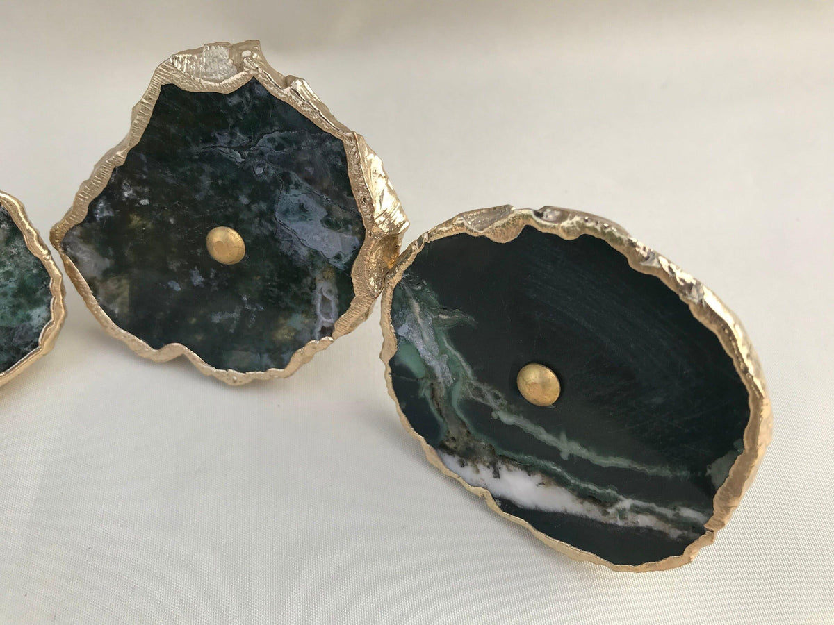 Moss Green Agate Cabinet Door Pull Handle - Set of 6