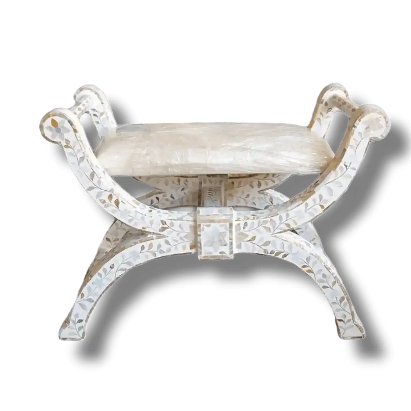 Mother of Pearl Floral Design Seating Ottoman - White