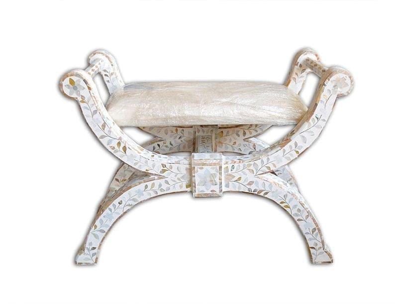 Mother of Pearl Floral Design Seating Ottoman - White