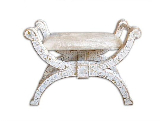 Mother of Pearl Floral Design Seating Ottoman - White - MAIA HOMES