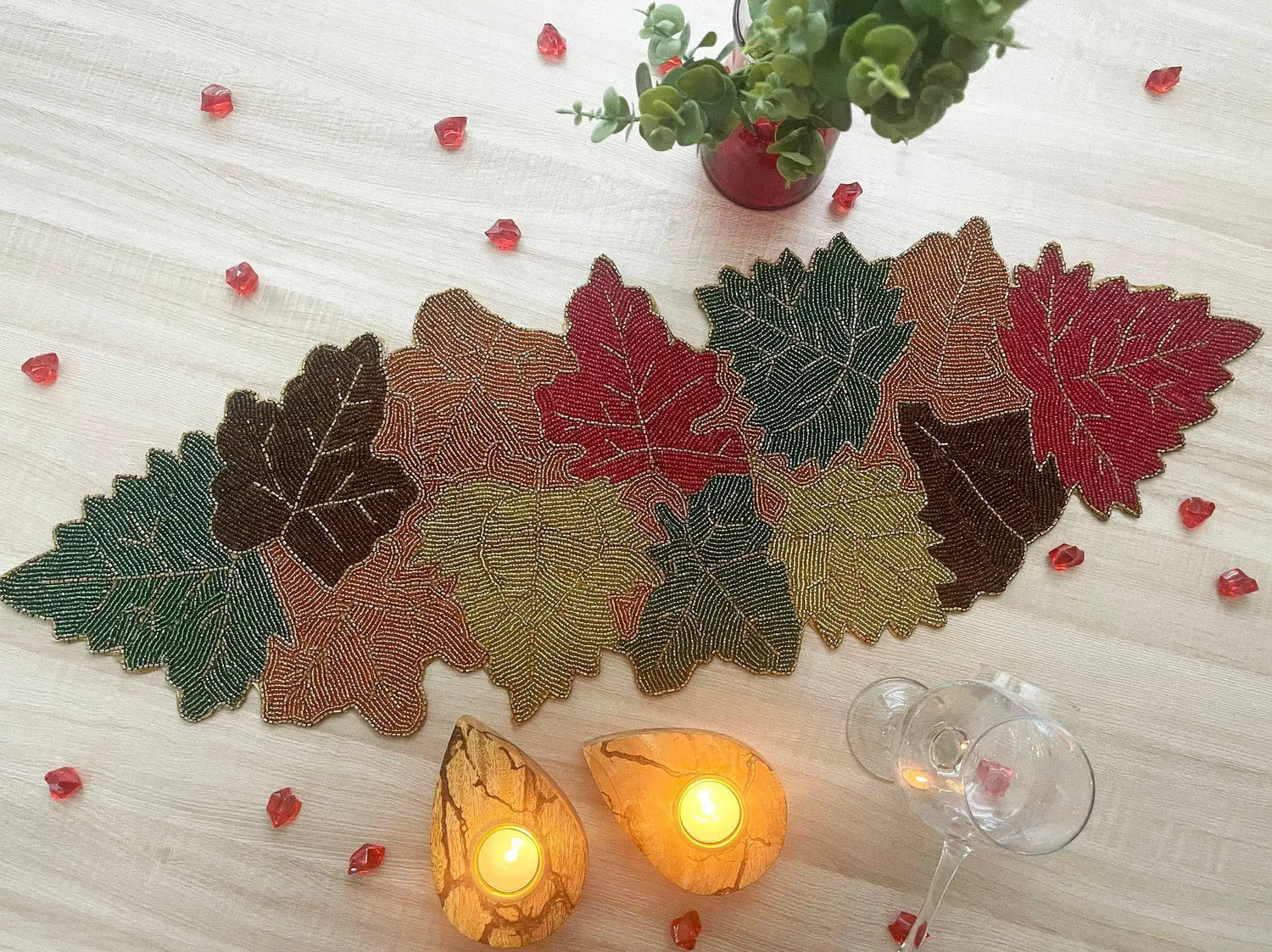 Multi-colored Maple Leaf Beaded Table Runner Default Title