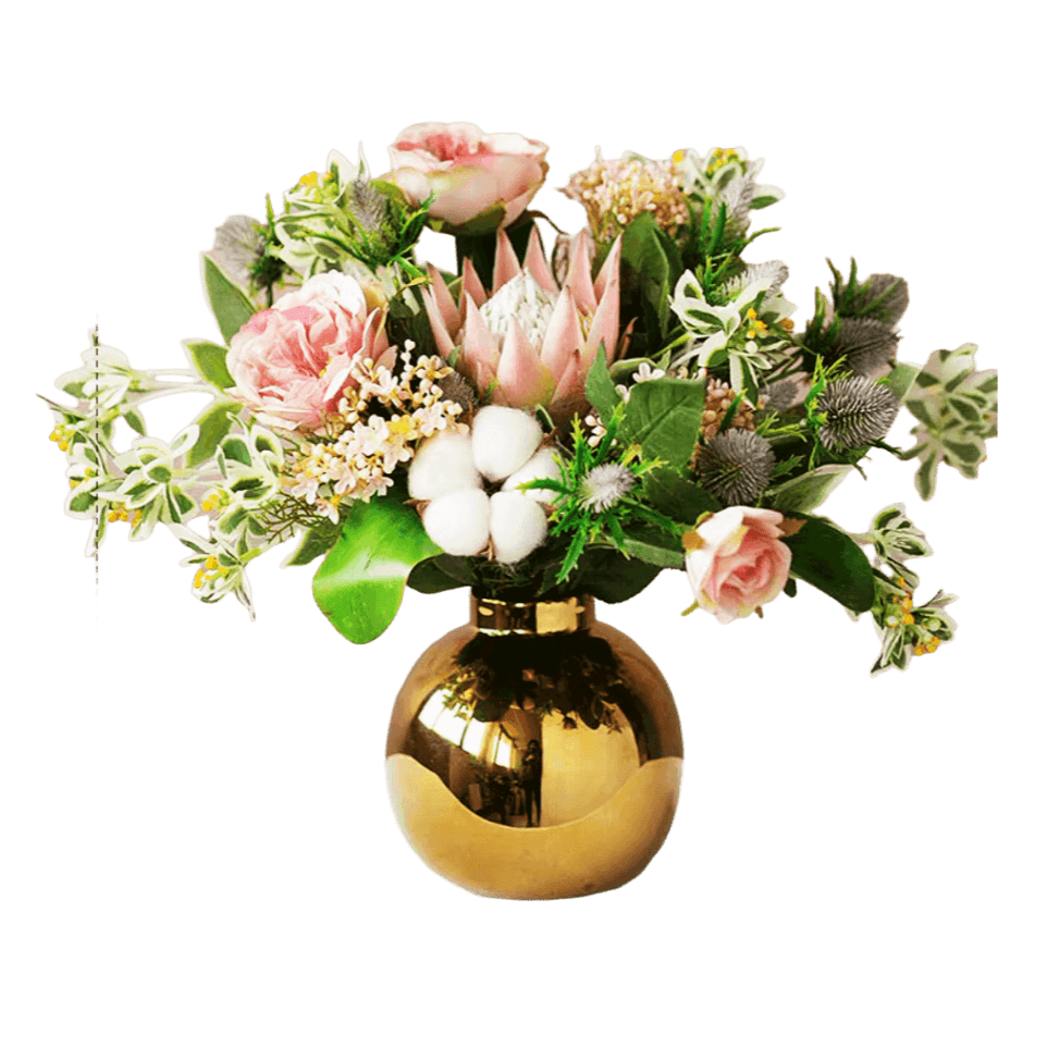 Multicolour Cotton Rose Floral Arrangement in a Gold Pot