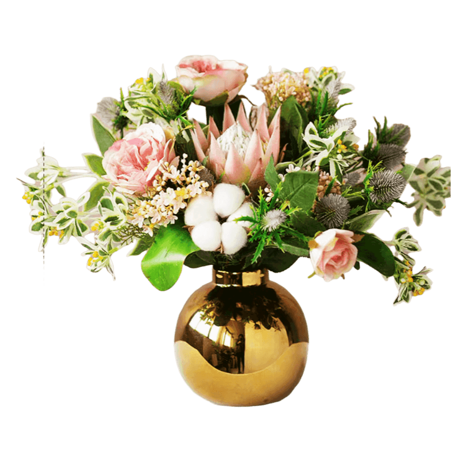 Multicolour Cotton Rose Floral Arrangement in a Gold Pot - MAIA HOMES