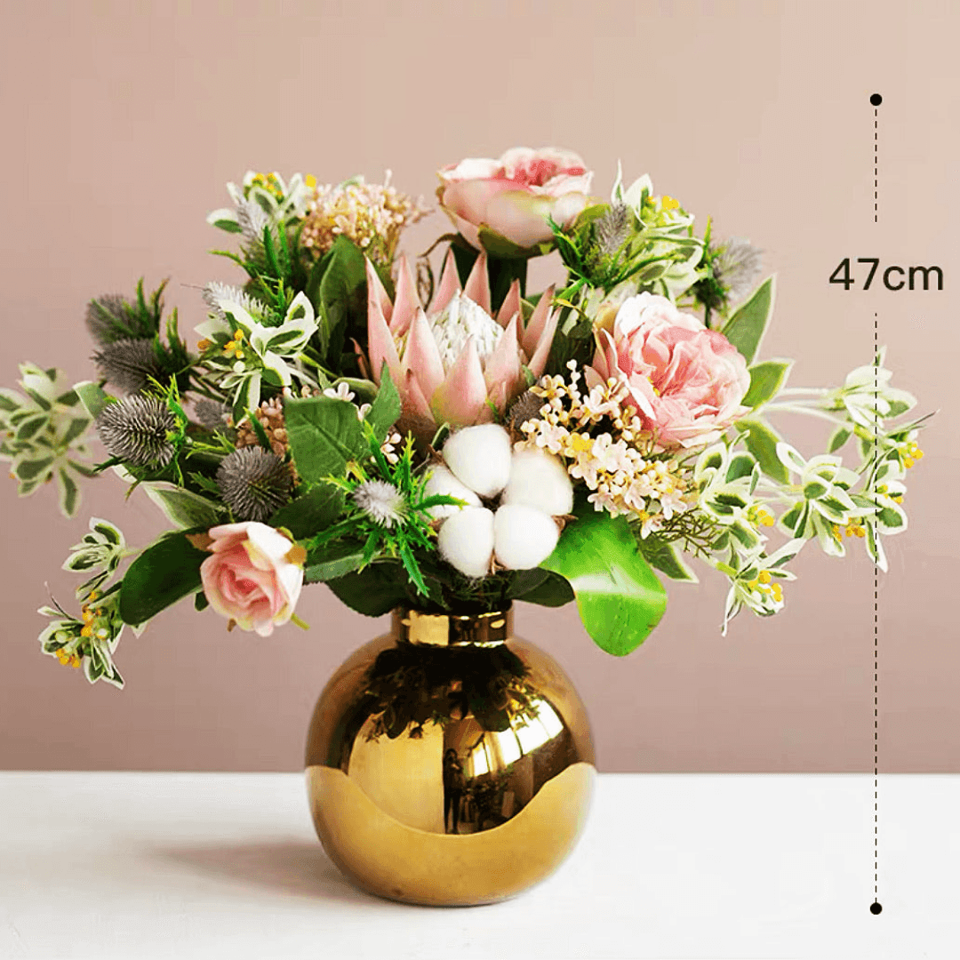 Multicolour Cotton Rose Floral Arrangement in a Gold Pot