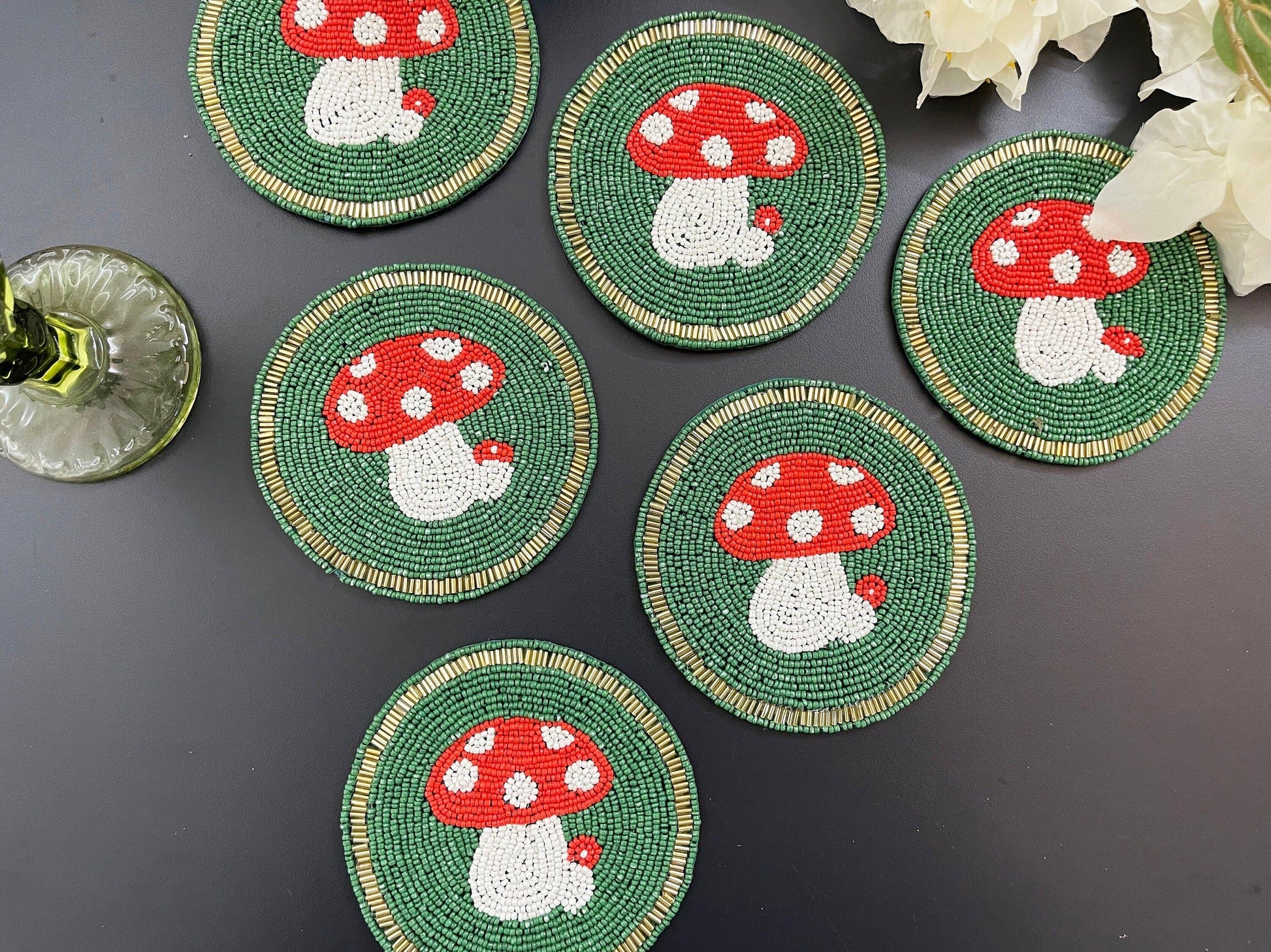 Mushroom Round Beaded Coaster set of 6 - MAIA HOMES