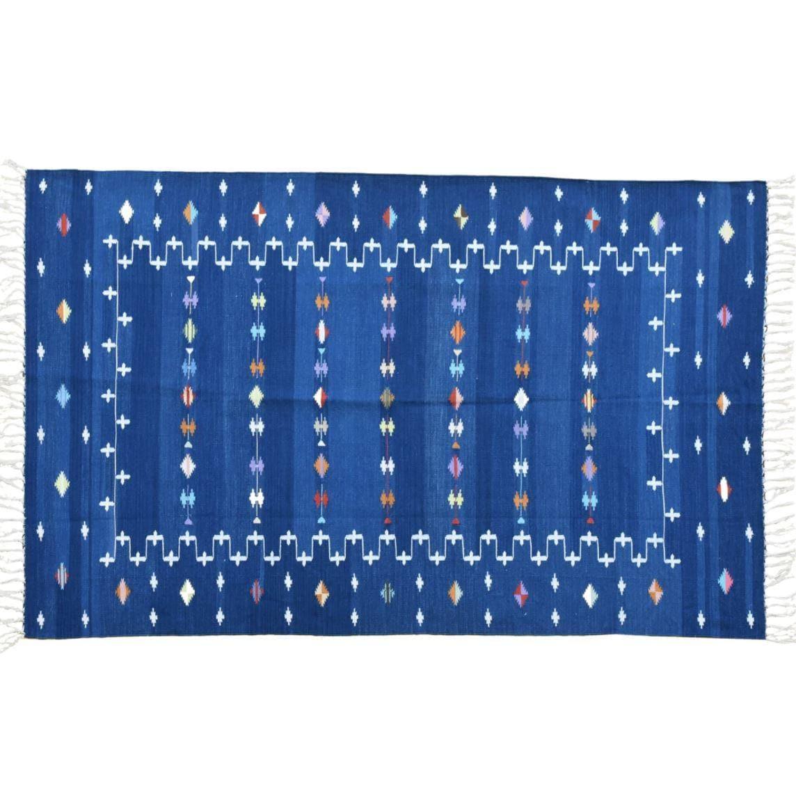 Narita Natural Vegetable Dyed Indian Dhurrie Reversible Cotton Rug - Blue