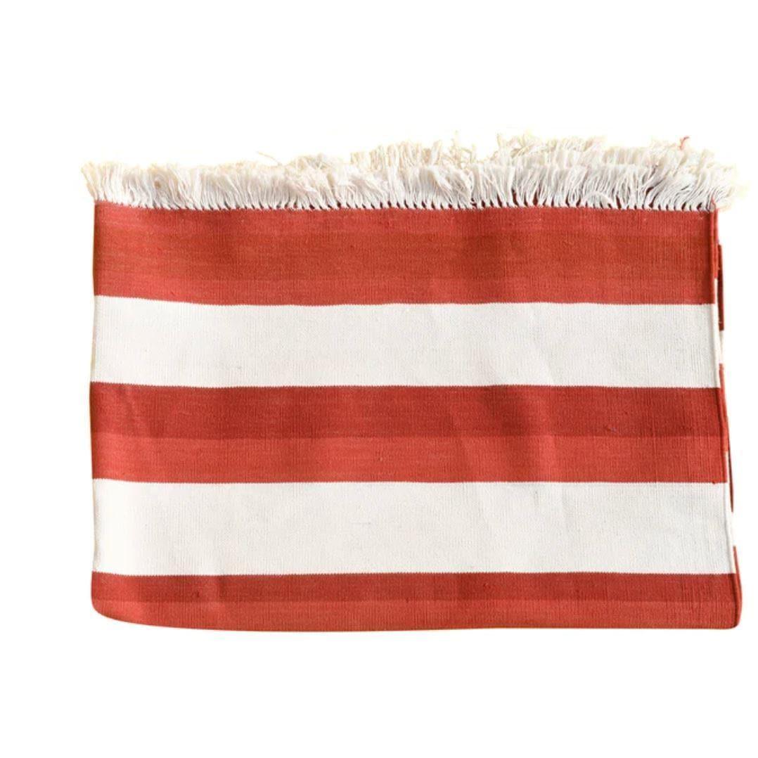 Natural Vegetable Dyed Indian Dhurrie Reversible Cotton Rug - Red Stripe - MAIA HOMES