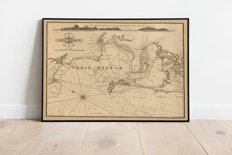 Nautical Map of Cadiz Harbor 1814| Old Map Wall Decor - MAIA HOMES