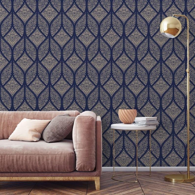 Navy and Gold Geometric Art deco Wallpaper