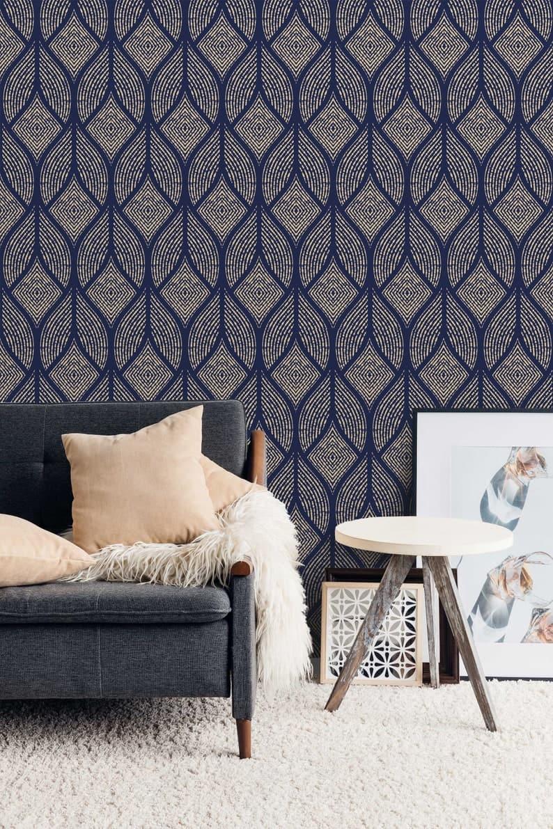 Navy and Gold Geometric Art deco Wallpaper | MAIA HOMES