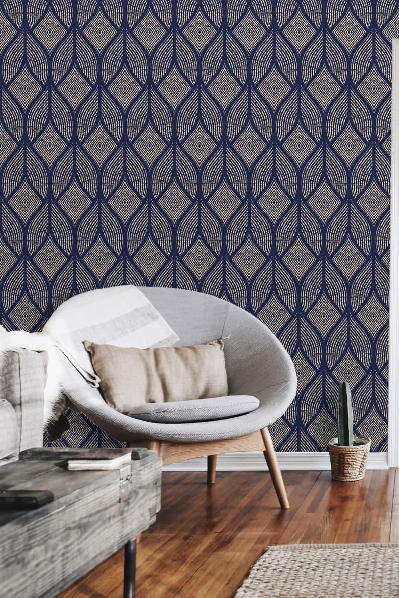 Navy and Gold Geometric Art deco Wallpaper