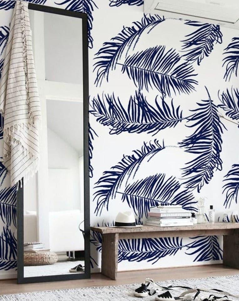 Navy Blue and White Palm Leaves Wallpaper