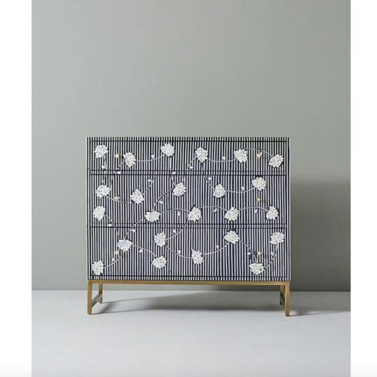 Navy Blue Floral Bone Inlay 3 Drawers Chest - MAIA HOMES