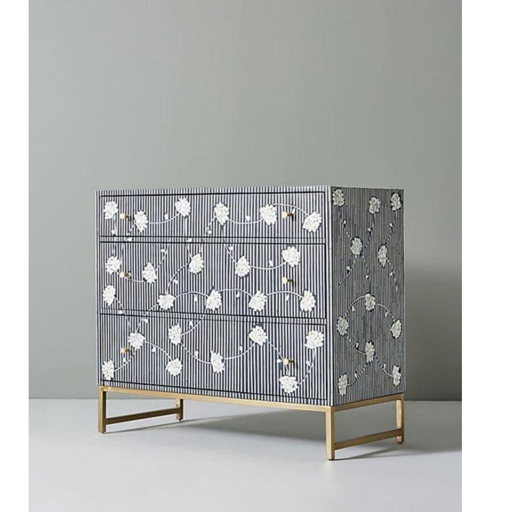 Navy Blue Floral Bone Inlay 3 Drawers Chest - MAIA HOMES