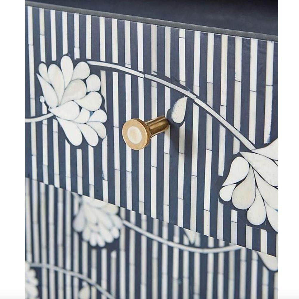 Navy Blue Floral Bone Inlay 3 Drawers Chest