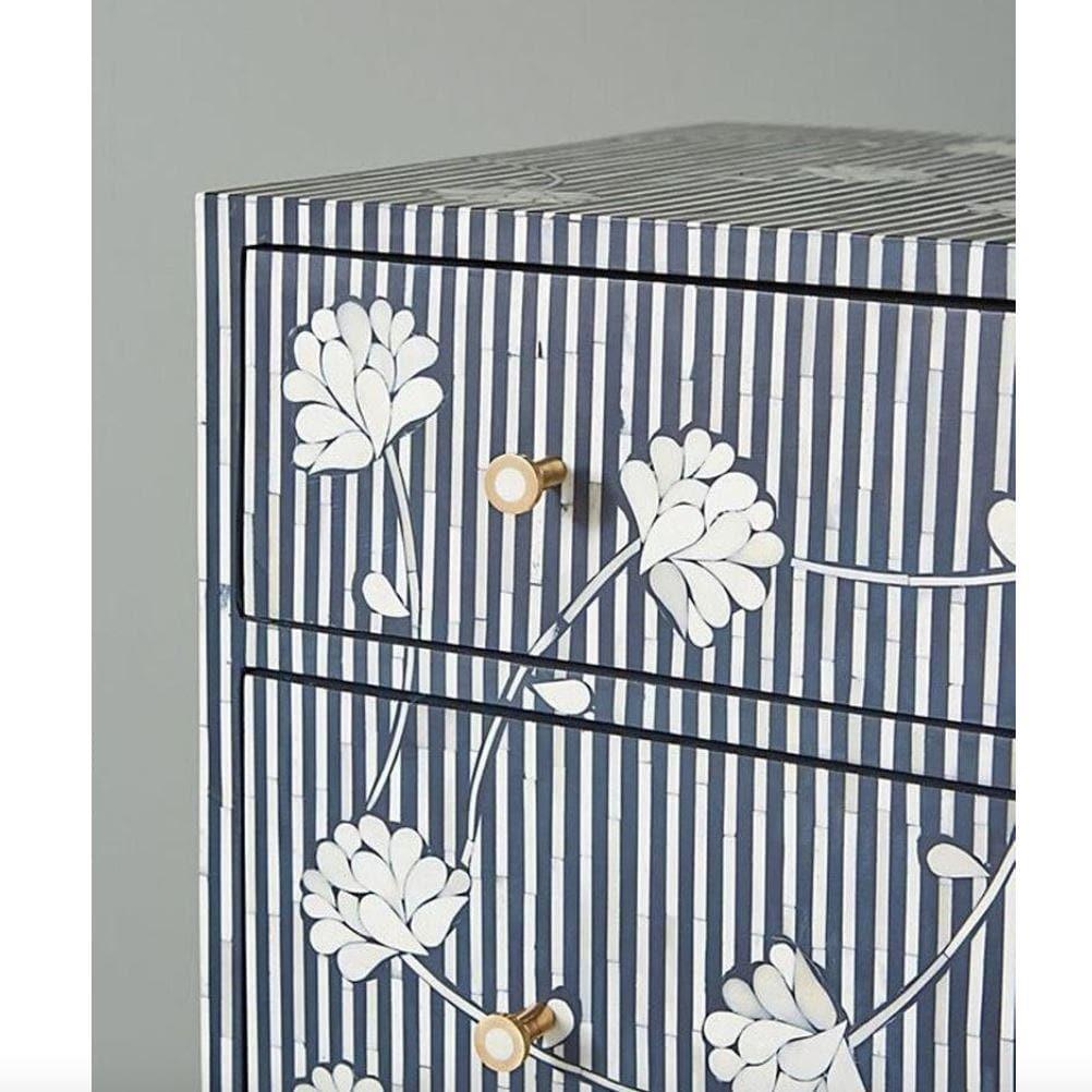 Navy Blue Floral Bone Inlay 3 Drawers Chest