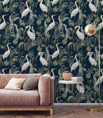 Navy Blue Tropical Cranes Exotic Botanical Wallpaper