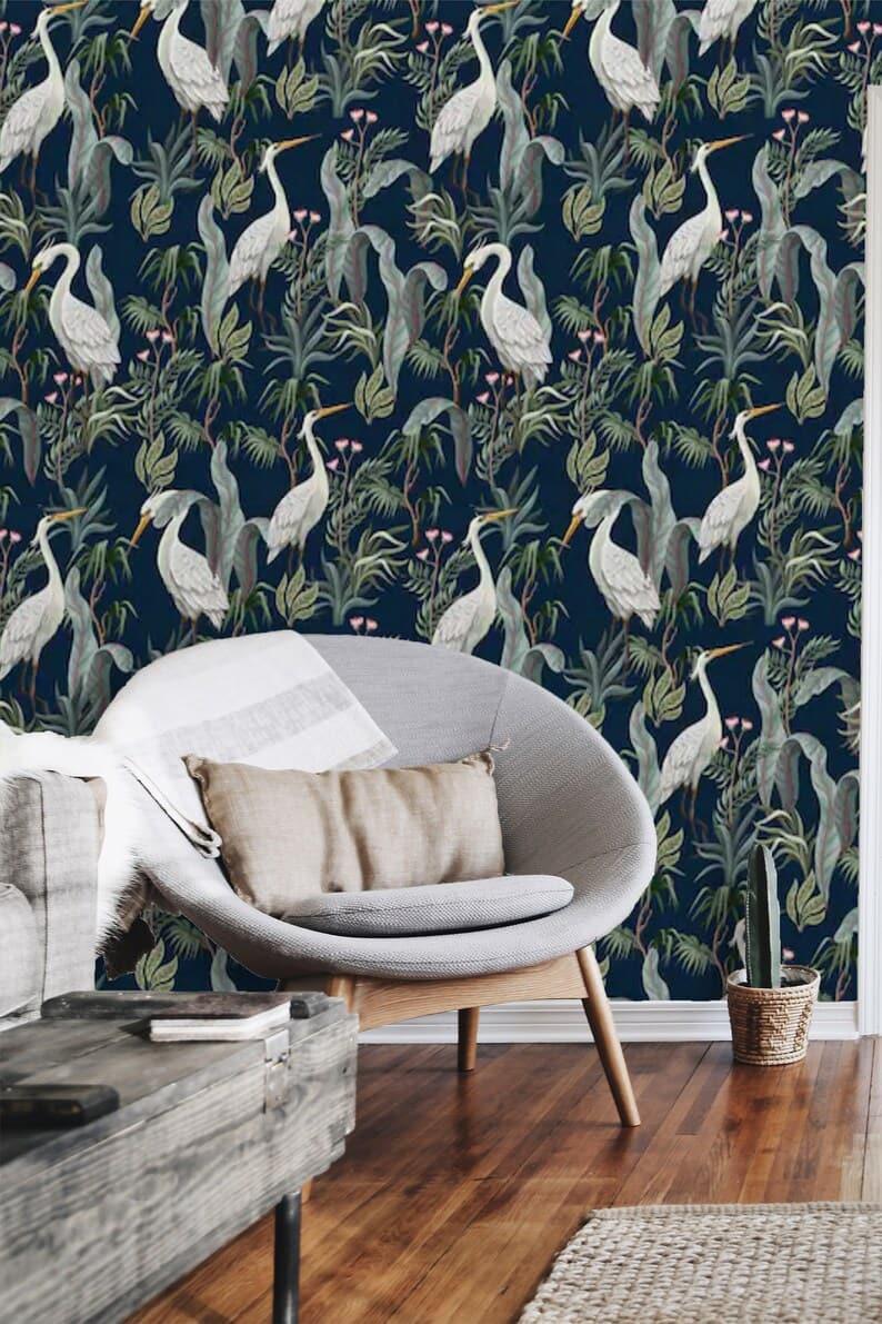 Navy Blue Tropical Cranes Exotic Botanical Wallpaper