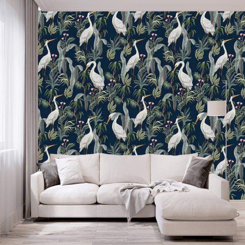 Navy Blue Tropical Cranes Exotic Botanical Wallpaper