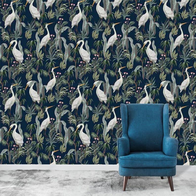 Navy Blue Tropical Cranes Exotic Botanical Wallpaper