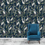 Navy Blue Tropical Cranes Exotic Botanical Wallpaper