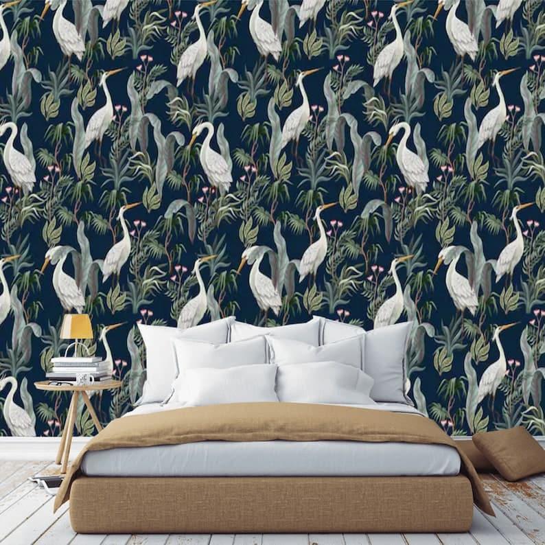 Navy Blue Tropical Cranes Exotic Botanical Wallpaper