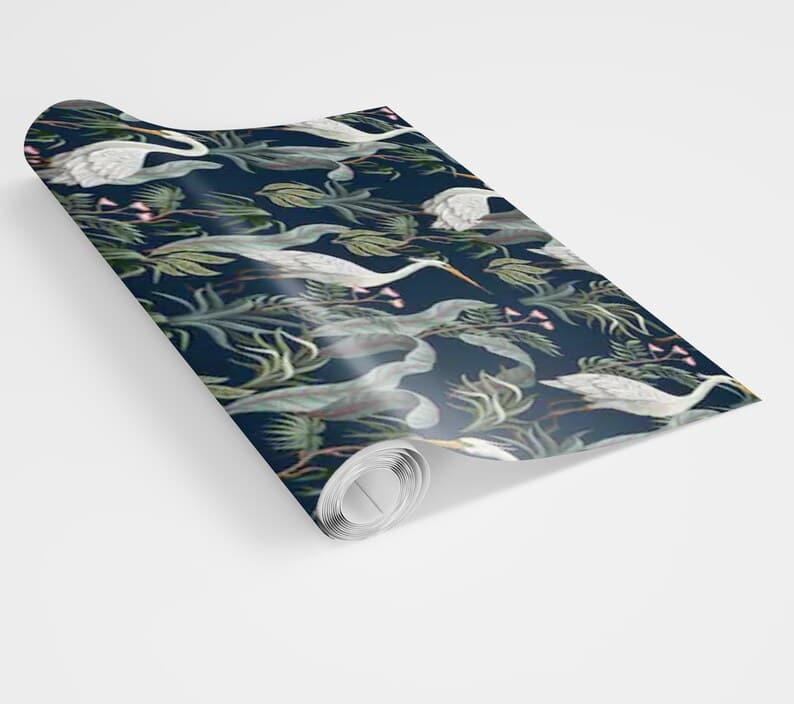 Navy Blue Tropical Cranes Exotic Botanical Wallpaper - MAIA HOMES