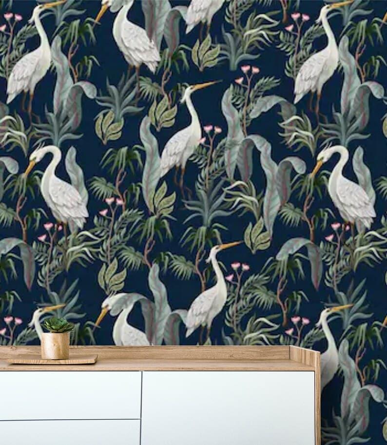 Navy Blue Tropical Cranes Exotic Botanical Wallpaper