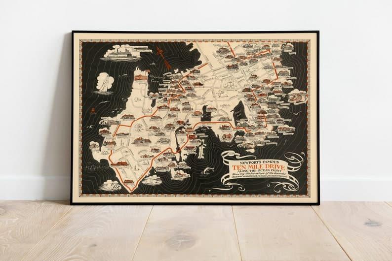 Newport's Famous Ten Mile Drive Map Print| Ocean Drive