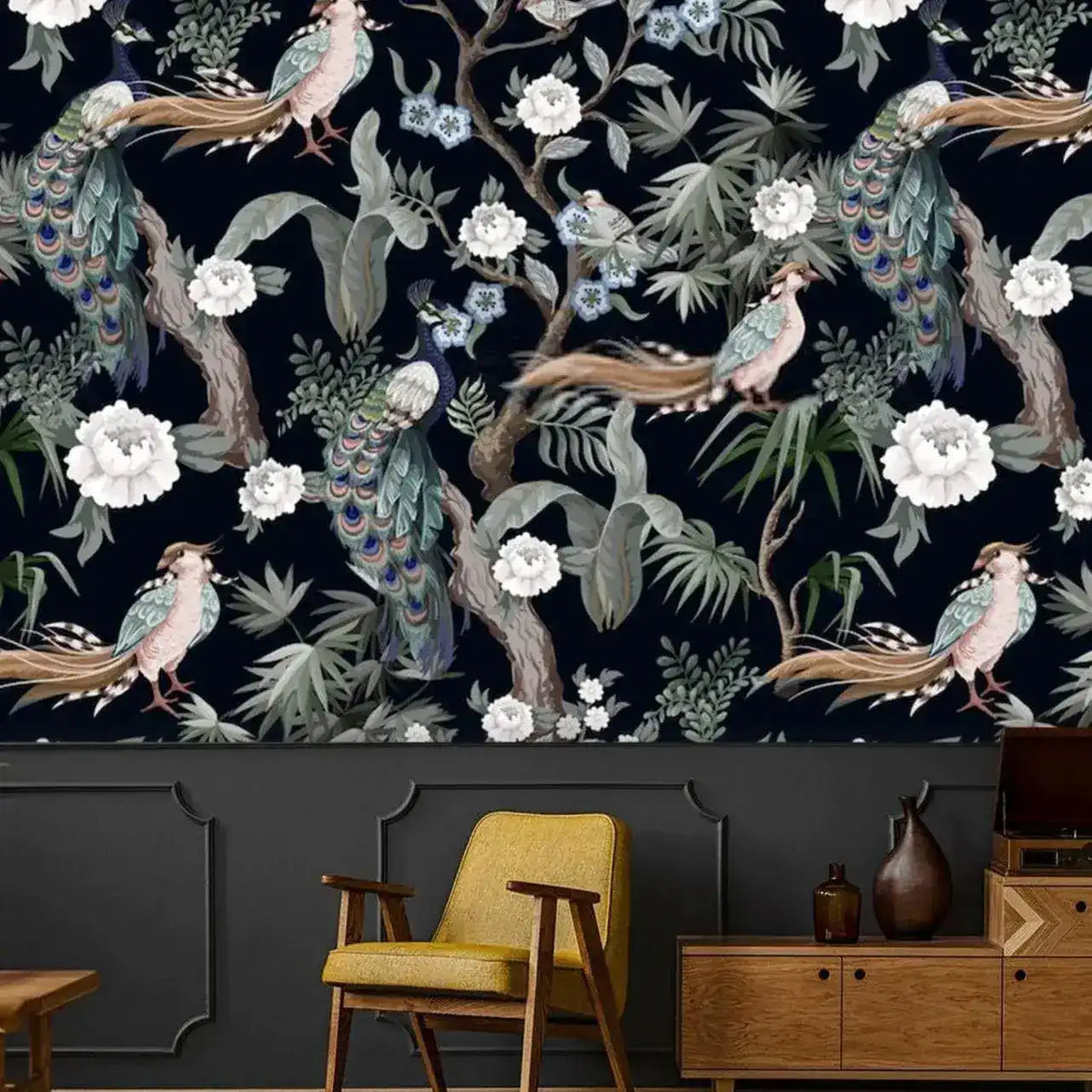 Night Peacocks Floral Vintage Wallpaper