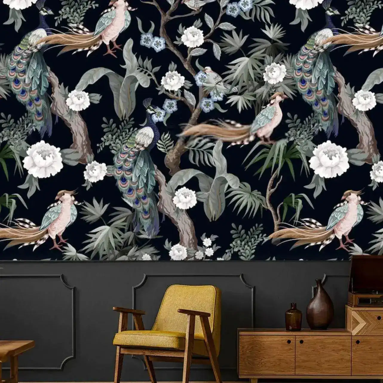 Night Peacocks Floral Vintage Wallpaper