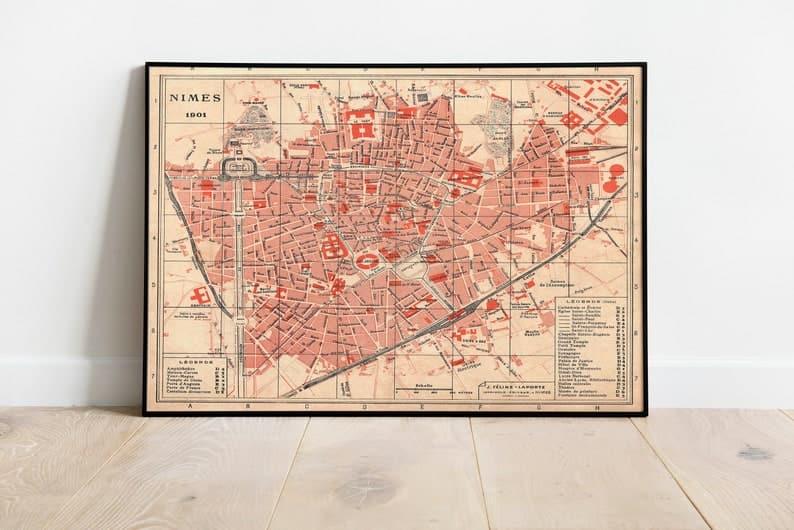 Nimes City Map Wall Print| Framed Map Wall Decor - MAIA HOMES
