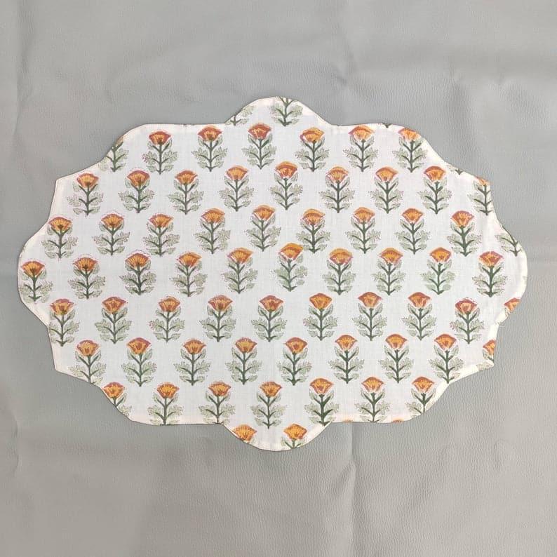 Orange Block Printed Floral Scalloped Oval Cotton Placemats