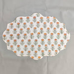 Orange Block Printed Floral Scalloped Oval Cotton Placemats