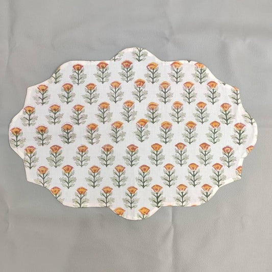 Orange Block Printed Floral Scalloped Oval Cotton Placemats - MAIA HOMES