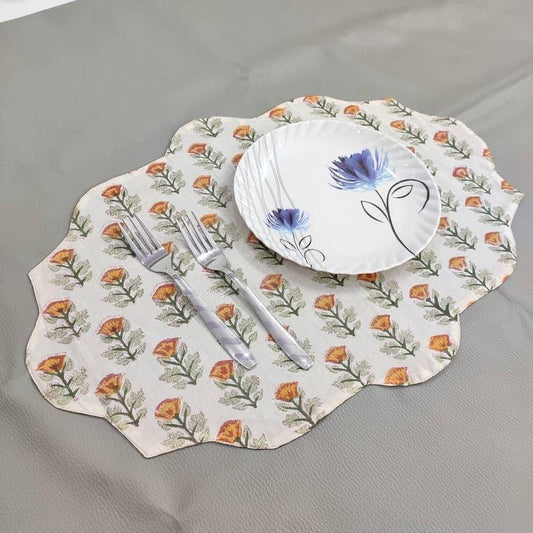 Orange Block Printed Floral Scalloped Oval Cotton Placemats - MAIA HOMES