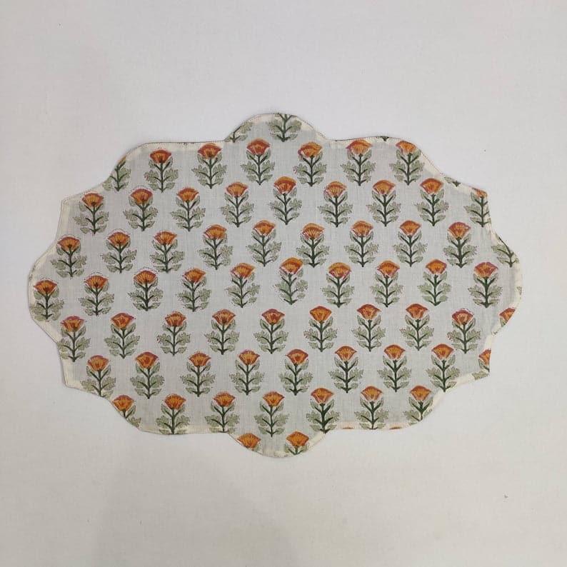 Orange Block Printed Floral Scalloped Oval Cotton Placemats