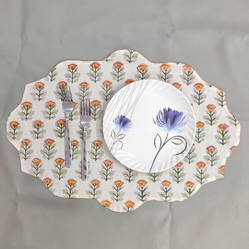 Orange Block Printed Floral Scalloped Oval Cotton Placemats