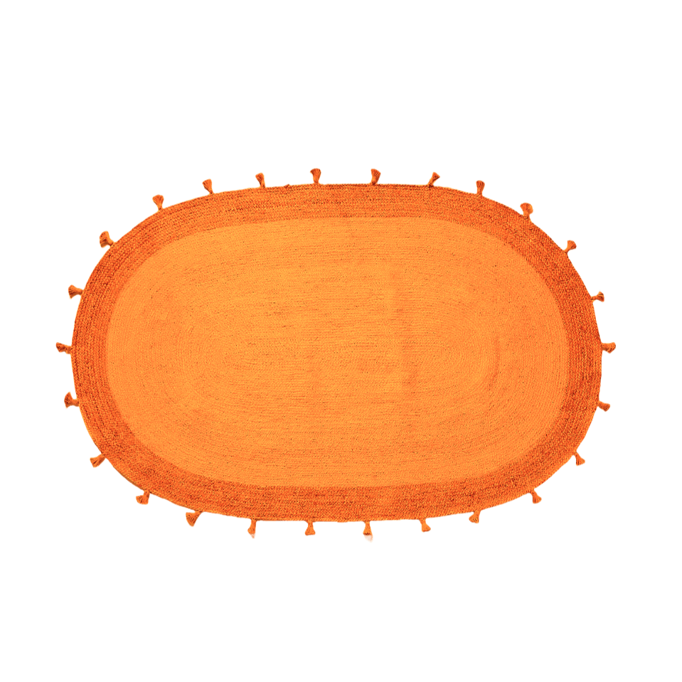 Orange Two Toned Oval Jute Rug with Tassels