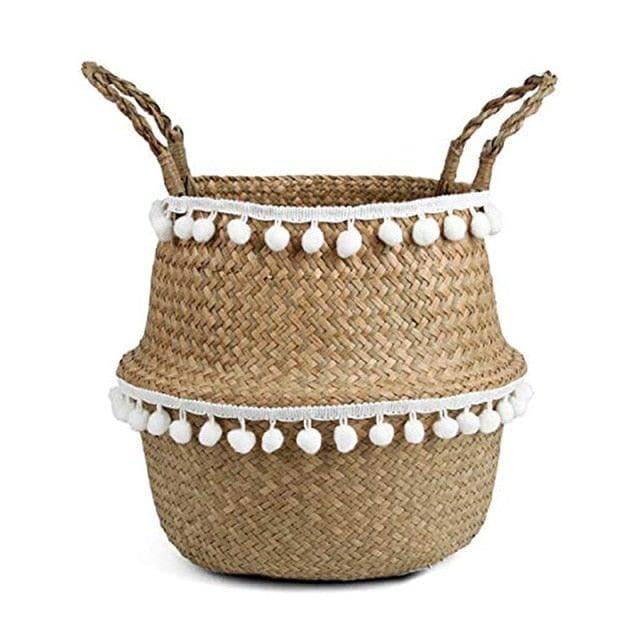 Organic Seagrass Hand Woven Basket with Tassel White ball lace